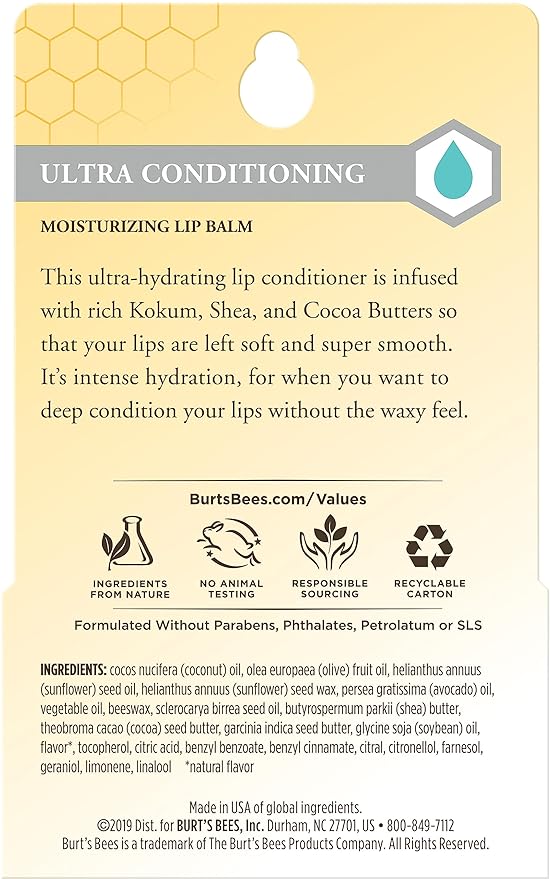 Burt's Bees Ultra Conditioning Moisturizing Lip Balm, Lip Moisturizer Rich in Oils and Butters, 2 Tubes, 0.15 oz.