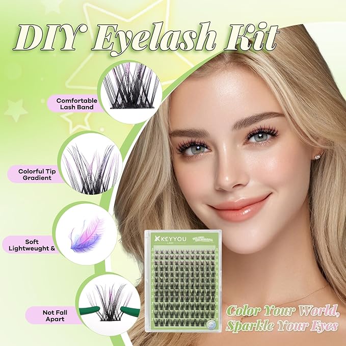 KEYYOU LASH Clusters kit 144pcs with Colored Eyelash Clusters Individual Eyelash Extension Kit 8-18mm with Lash Bond Seal Remover Applicator for DIY Lashes Extensions at Home(C01)