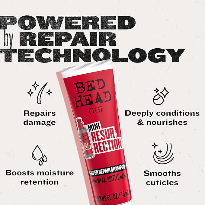 Bed Head by TIGI Resurrection Super Repair Shampoo Travel Mini – Repairing shampoo for dry, brittle and damaged hair with added moisture and nourishment, 2.53 fl oz (Pack of 2)