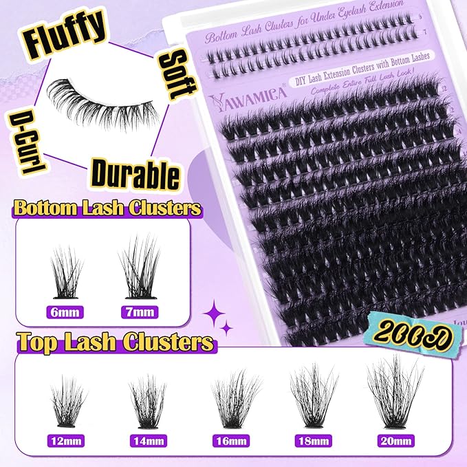 Yawmaica Lash Clusters Kit with Bottom Lashes Wispy Eyelash Extension Kit 200D Volume Eyelash Clusters 12-20mm D Curly Individual Lashes DIY Lash Extension Kit with Lash Bond and Seal Lash Tweezers