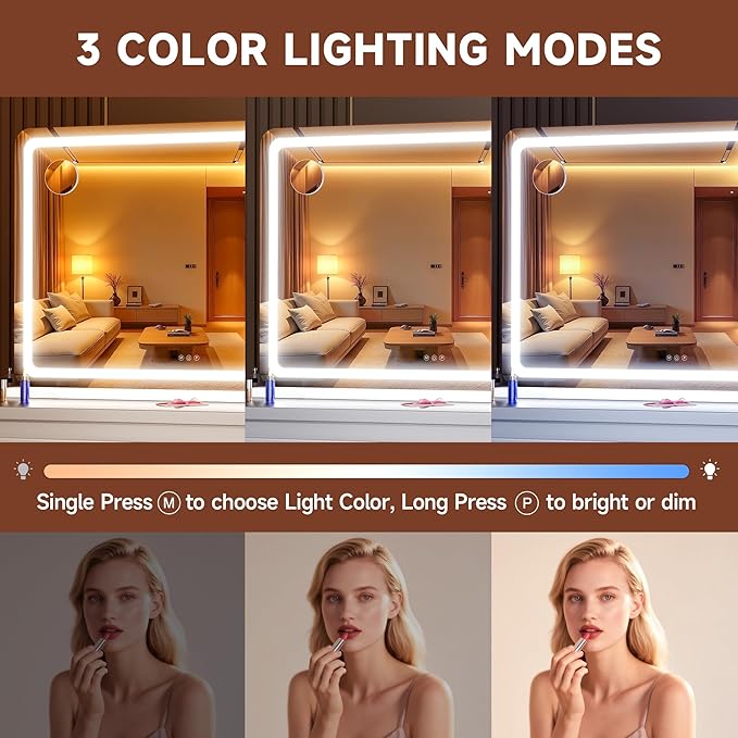 MINISO Vanity Mirror with Lights,47"x30"LED Makeup Mirror,Touch Sensor,3 Light Colors,Dimmable,Metal Frame,with 10X Magnifying Glass,Rectangular White