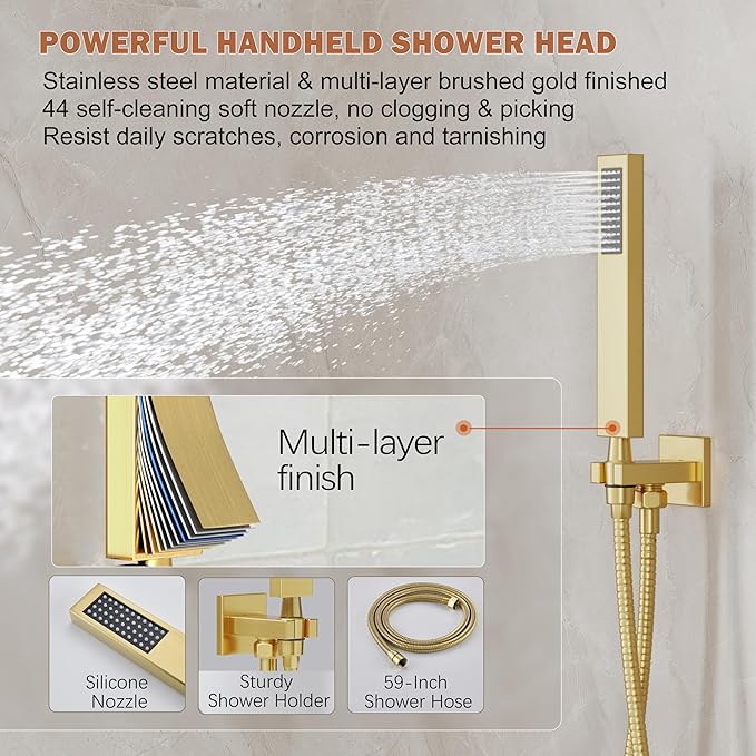 HoliSpa Gold Shower System, Shower Faucet Set with 10-Inch Rain Showerhead and Handheld Spray, Wall Mounted High-Pressure Showerhead Combo Set Included Valve and Trim, Brushed Gold