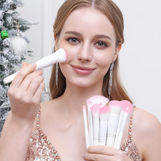 Bueart Design 16Pcs ULTRA SOFT labeled Makeup Brushes set with brush Holder face brush for Foundation Powder Blending Blush wooden Handle(16Pcs White+Pink Holder)
