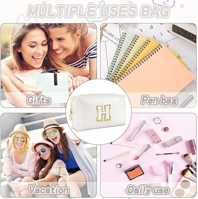 URSKYTOUS Gifts for Girls Initial Makeup Bag Personalized Cosmetic Bag with Zipper Cute Travel Toiletry Bags Waterproof PU Preppy Makeup Pouch Birthday Gift for Teen Girls Women(White H)