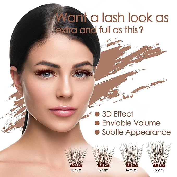 DIY Eyelash Extension, 3D Effect Individual Melt Flare Lash Cluster Natural Lashes Set, Home Eyelash Extension, Lashes Pack (16MM-Amber)