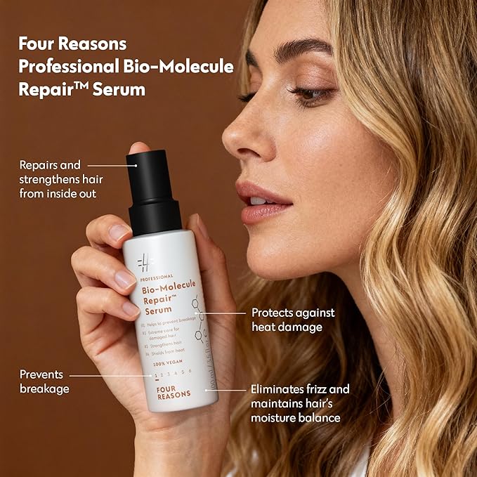FOUR REASONS Bio-Molecule Repair Hydrating Serum – Bond Repair & Anti-Frizz Serum for Frizzy, Dry, or Damaged Hair – Lightweight Hair Oil with Heat Protectant – Vegan & Cruelty Free, 3.4 Fl Oz