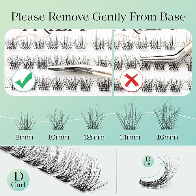 Lash Clusters 144pcs Individual Lashes, 3D Wispy Lashes Clusters, 0.1mm Super Thin Band Resuable Natural Lashes,D Curl Faux Mink Lashes, 0.05mm Lash Extension (Green Hush-D-0.05-8-16mix)