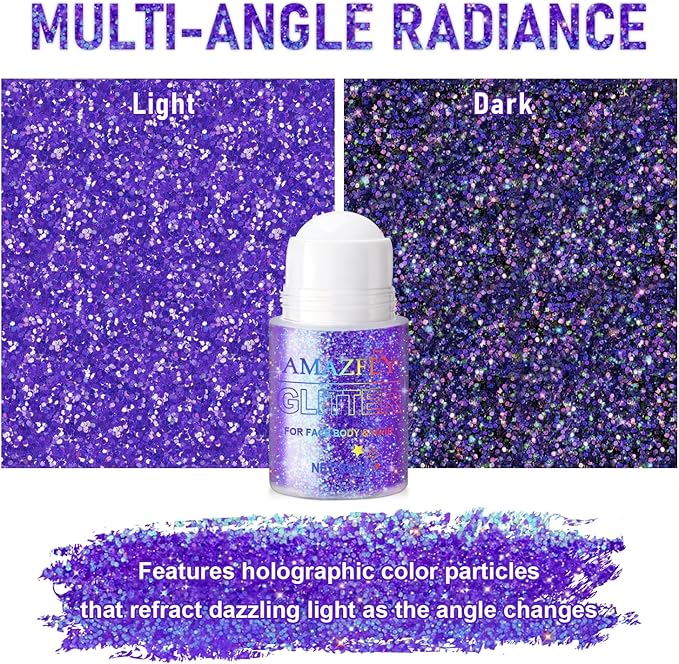 Roll-on Holographic Body Glitter Gel for Face and Hair, Chameleon Color Changing Glitter Gel Under Light, Chunky Mermaid Sequins Shimmer Makeup for Halloween Party Rave Accessories (Purple)