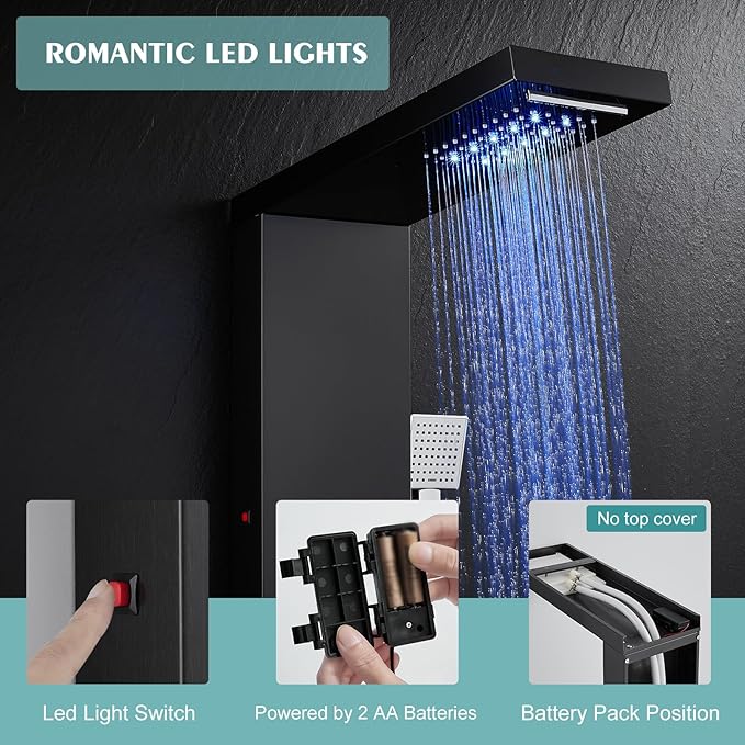 KINKIB LED Shower Panel Tower System Black with Rainfall Waterfall Shower Head, 5-in-1 Shower Tower with Powerful Body Jets, Handheld Shower and Tub Spout, High Pressure Shower Column Stainless Steel