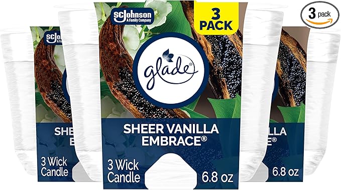 Glade Sheer Vanilla Embrace, Fragrance Candle Infused with Essential Oils, Air Freshener Candle, 3-Wick Candle, 6.8 Oz, 3 Count