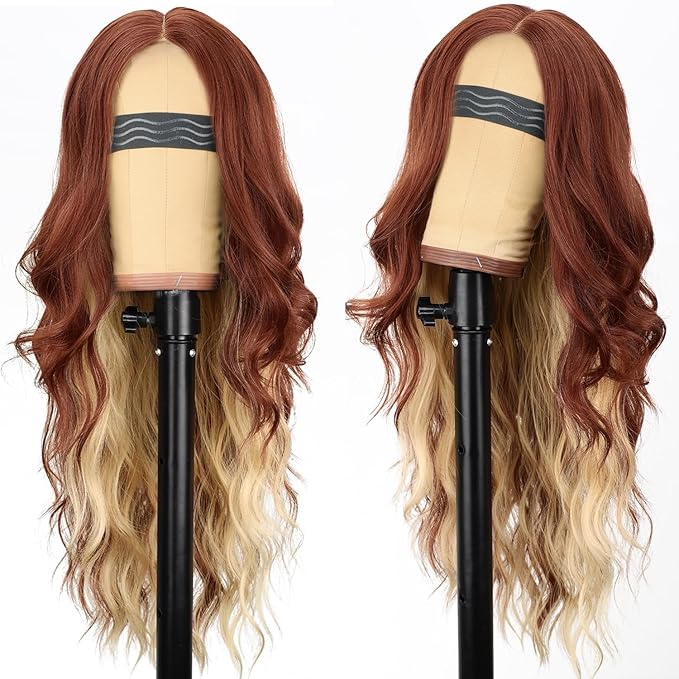 AISI HAIR Copper Blonde Wig for Women, Long Wavy Lace Hairline Middle Part Synthetic Wig for Daily Party-26 Inch