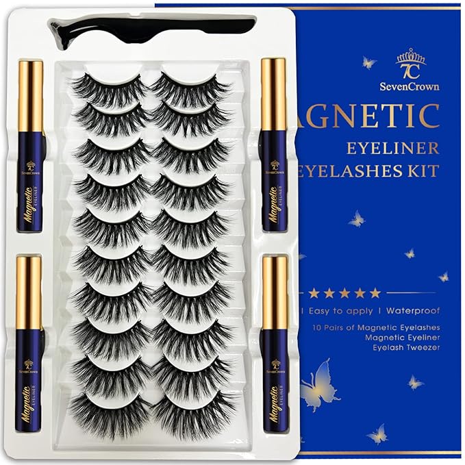 3D Magnetic Eyelashes and Eyeliner Kit - 10 Pairs Reusable Magnetic Lashes Natural Look, Upgraded Long-Lasting 4 Tube Waterproof Liner with Application - Cruelty Free,Easy