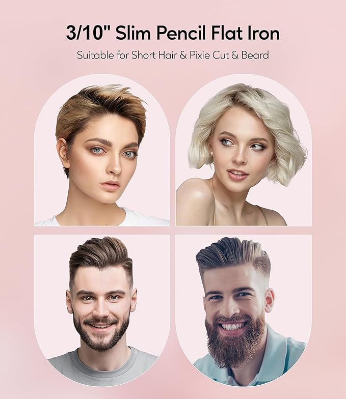 Terviiix Mini Flat Iron and Hair Straightener for Short Hair, Edges, and Pixie Cut - 3/10 Inch Skinny Pencil Straightener for Black Women's Baby Hair, LCD Digital Display, Dual Voltage, Pink