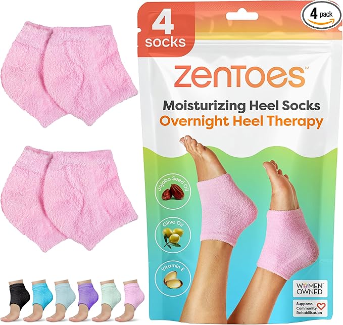 ZenToes Moisturizing Socks for Cracked Heel Treatment, Vitamin E, Olive Oil and Jojoba Oil Infused Heel Socks, Galentines Day Gifts, Self Care Gifts for Women (Fuzzy Pink, Regular)