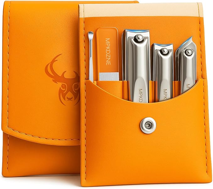 Pro 5-in-1 Nail Clippers Set for Men & Women. Ultra Sharp Stainless Steel Manicure Kit w/Angled Trimmer in Luxury Leather Case. Travel & Home Use