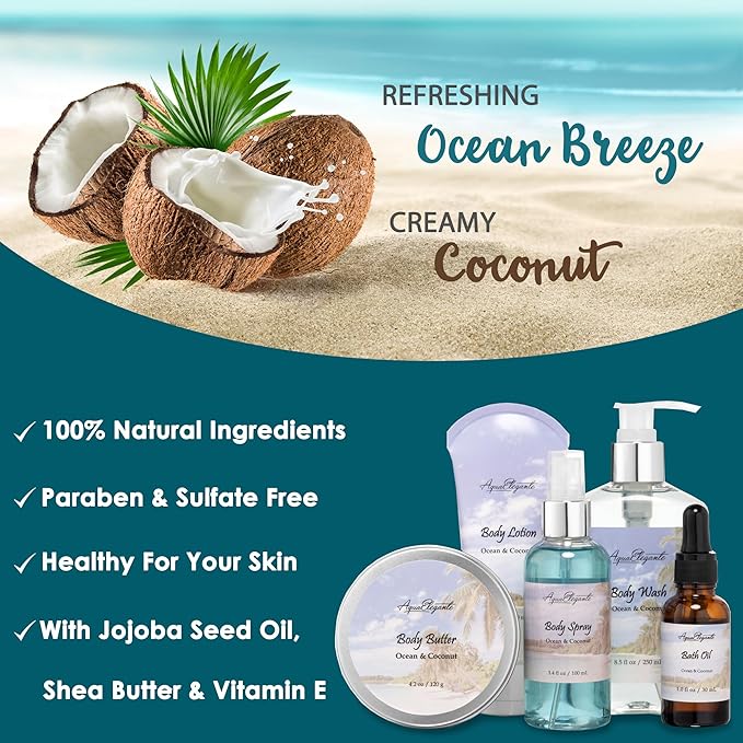 Spa Gift Baskets For Women - Luxury Bath Set With Ocean & Coconut - Spa Kit Includes Body Wash, Bubble Bath, Lotion, Body Butter, Soap, Body Spray, Shower Puff, and Towel