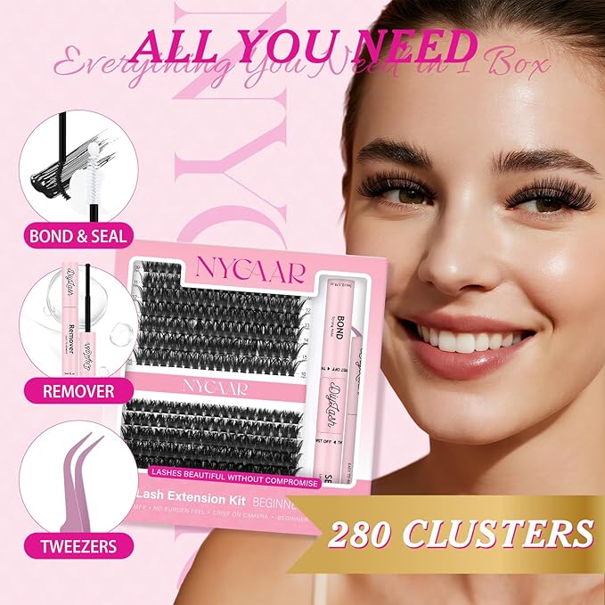 DIY Lash Extension Kit 280Pcs Individual Eyelash Extension Kit 60D80D 0.07D Curl 9-16MIX Lash Clusters Kit with Lash Glue Remover Applicator Easy to Use for Beginners