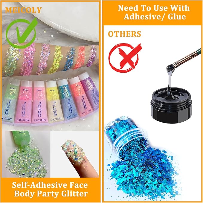 MEICOLY Lime Green Body Glitter,Holographic Chunky Chameleon Face Glitter for Halloween Alien Makeup,Self-Adhesive Color Changing Mermaid Glitter Gel,Glitter for Face Body Hair,Festival Party Cheer