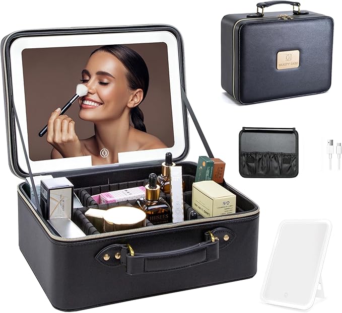 ZhenGuiRu Travle Makeup Bag with LED Mirror, Portable Makeup Artist Organizer Case with Lighted Mirror, Makeup Bag with Adjustable Dividers, Cosmetic Brush Storage Box for Women Gift