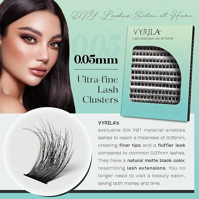 Lash Clusters 0.05mm Individual Lashes, 3D Wispy Lashes Clusters, 0.1mm Super Thin Band Resuable Natural Lashes,D Curl Faux Mink Lashes,180pcs Lash Extension (Green Lushy-C-0.05-8-16mix)
