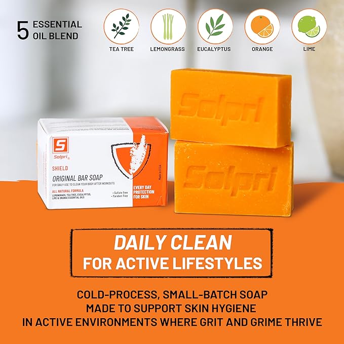Solpri Shield Athletic Tea Tree Soap Bar with Lemongrass & Eucalyptus – 4 oz (2 Pack) – Cold-Process Soap Bar for Sweat, Odor & Itch-Prone Skin – Made in USA