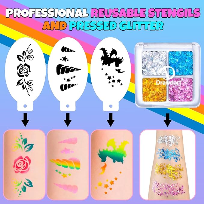 Professional Face Painting Kit for Kids Adults, Rainbow Split Cake Face Paint Makeup Palette 12 x 10gm+ 4 Colors Pro Pressed Glitter Eyeshadow Palette, with Brushes Sponges Stencils Gems