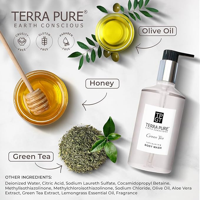Terra Pure Green Tea Body Wash, 10.14 oz. With Organic Honey And Aloe Vera (Case of 24)
