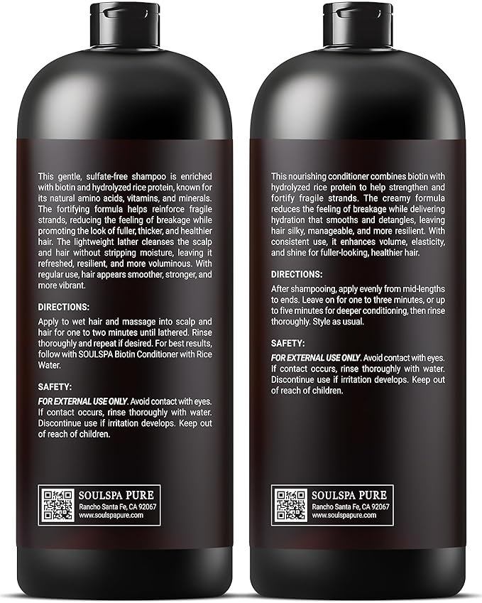 Biotin Shampoo and Conditioner Set with Rice Water & Rice Protein | Sulfate Free Hair Growth & Thickening Set for Thinning Hair for Men & Women 16 floz each - SOULSPA PURE