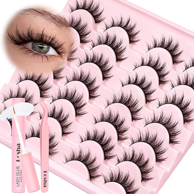 Losha Lashes Fluffy Manga Lashes 14 Pairs Anime False Eyelashes 6D Natural Eye Lashes Kit with Lash Glue and Lash Tweezers Asian Soft Fake Eyelashes (Pop)