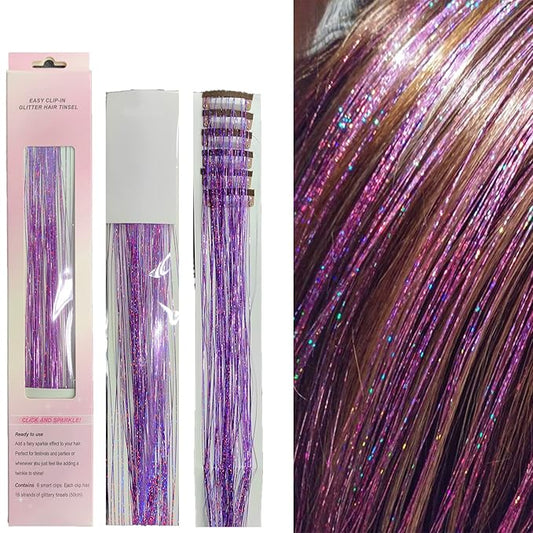 47" Holographic Hair Tinsel Shining Gold Professional Sparkle Heat-Resistant Silk Extensions, Hair Accessories for Girls, Party Hair, Gifts for Girls (6PCs Clip in Hair Tinsel Kit, Shining Purple)