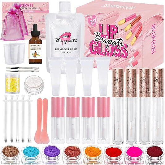 BRIPATI DIY Lip Gloss Making Kit, 46PCS DIY Lip Gloss Kit to Make Your Own Lip Gloss, Moisturizing Lip Glaze Handmade Set, Beginner Lip Gloss Kit, Lip Gloss Making Supplies Set for Women Girls
