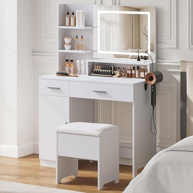 Vanity Desk with LED Mirror and Lights, Makeup Vanity Set with Chair, Power Outlet, Drawers, Cabinet, Dressing Table with Open Storage Shelves and for Bedroom, Dressing Room, White
