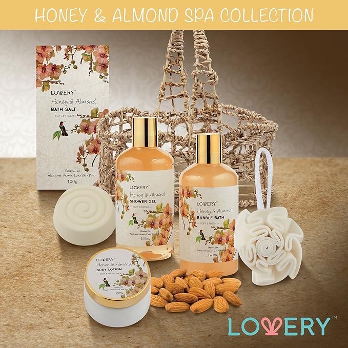Womens Gifts, Gift Baskets for Women Who Have Everything, Home Spa Honey & Almond Scent, Luxury Bath & Body Set - Shower Gel, Bubble Bath, Body Lotion, Salts, Bath Bomb, Bath Puff & Handmade Basket