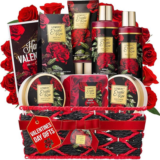 Valentines Day Gifts for Her - Exotic Rose Valentine Gift Basket for Women, Spa Bath and Body Gift Set, Anniversary Gifts for Women, Mom Birthday Gift with Body Scrub, Bubble Bath, Lotion & M
