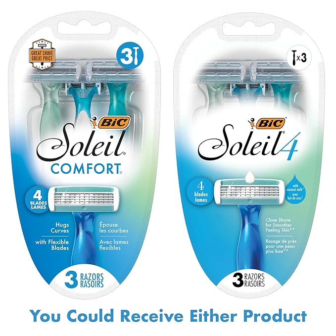 BIC Soleil Comfort 4-Blade Disposable Razors for Women Sensitive Skin Razor for a Smooth and Close Shave, 3 Piece Razor Set (Pack of 2)