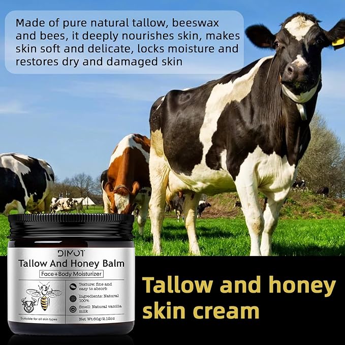 Beef Tallow for Face Skin, Tallow and Honey Balm for Skin Honey Butter Faces & Body Cream For Skins Firming & Hydrating Balm Care Tallows Face Moisturizer Cream, 2.12 Oz, 1PC