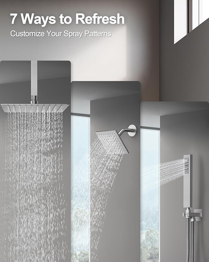 GRANDJOY Thermostatic Shower System, Dual Rainfall Shower Heads for Ceilling & Wall Mounted with Handheld Sprayer, Brushed Nickel