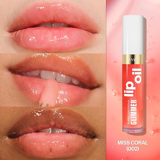 REVLON Super Lustrous Glimmer Lip Oil, Moisturizing & Tinted, Shiny Finish, Made with Plant-Based Squalane, 002 Miss Coral, 0.13 fl oz