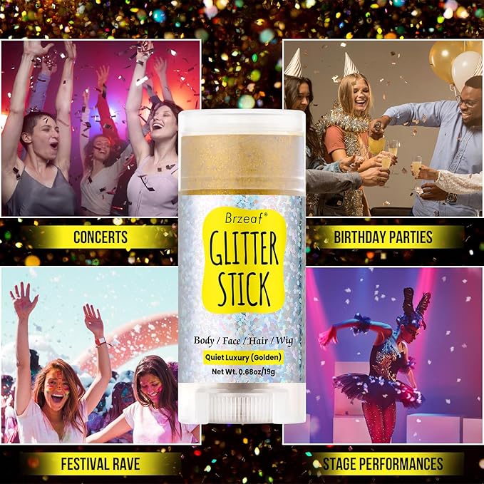 Brzeaf Golden Glitter Stick, Body Glitter, Singer Concerts Music Festival Rave Accessories, Shimmery & Long Lasting, Chunky Glitter for Face/Body/Hair/Eyes/Lip, Face Glitter Makeup