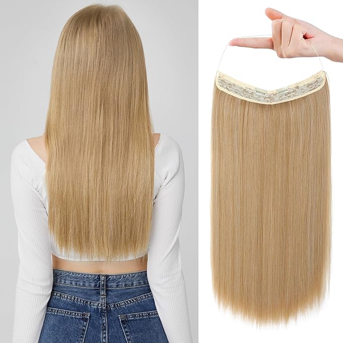 REECHO Invisible Wire Hair Extensions with Transparent Headband Adjustable Size Removable Secure Clips in Straight Secret Hairpiece for Women - 20 Inch, Dark Golden Blonde with Highlights