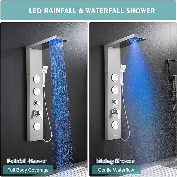 KINKIB Shower Panel Tower System for Bathroom - 5 In 1 Full Body Shower Tower With Led, Rainfall Shower Head With Powerful Body Jets, Handheld Shower and Tub Spout, Brushed Finish