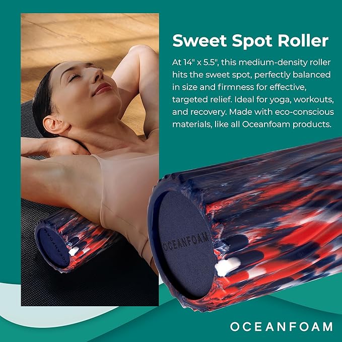 Oceanfoam Sweet Spot Medium Exercise Foam Roller 14"x5.5" – Medium Density Travel Foam Roller for Physical Therapy, Deep Tissue Massage, Yoga, Pilates, Wave Texture (Dark Navy, Red & Natural Marbled)