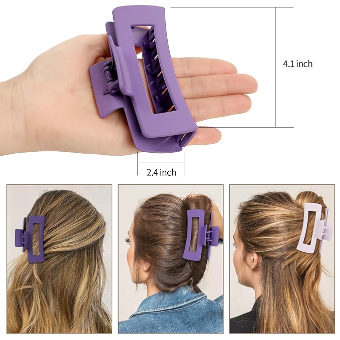 4 Inch Big Hair Claw Clips 6 Pcs Large Claw for Thick Hair Square Hair Clips for Women Rectangle Hair Clips Nonslip Acrylic Banana Jaw Clips Hair Accessories for Girls (Purple)