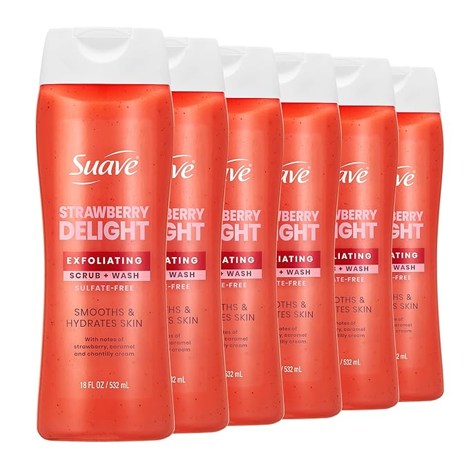 Suave Strawberry Delight Exfoliating Body Wash & Scrub with Glycerin & Vitamin E, Sulfate-Free Hydrating Cleanser for Soft, Smooth Skin, 6 Count, 18 FL OZ EA