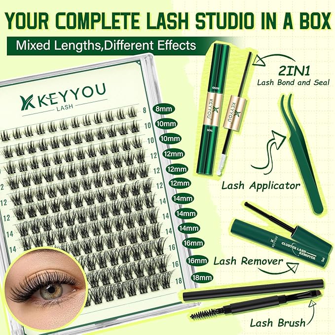 DIY Lash Extension Kit KEYYOU 144pcs Lash Clusters Eyelash Extension Kit with Mascara Brush Bond and Seal Lash Glue Remover Lash Applicators Lash Brush for DIY Lash Extensions (Y08 Kit)