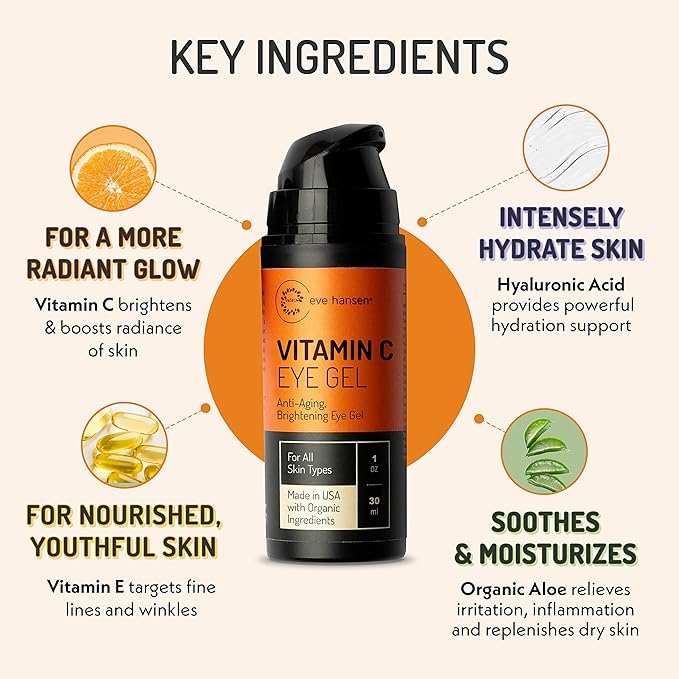 Eve Hansen Vitamin C Eye Gel Under Eye Cream for Dark Circles and Puffiness - Anti-Aging Repair Cream with Hyaluronic Acid - Rejuvenating Treatment for All Skin Types - Brightening - 1 oz