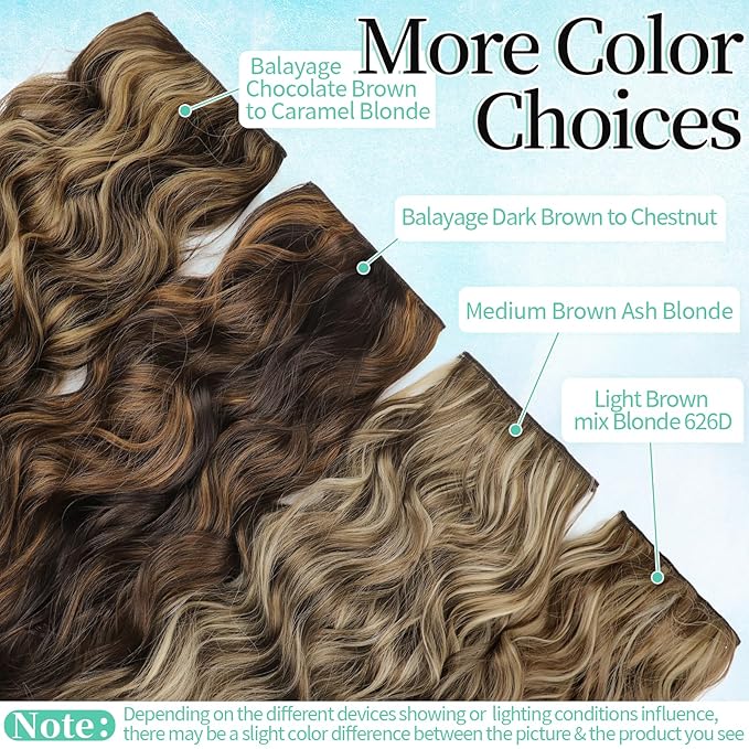 KooKaStyle Clip in Synthetic Highlight Hair Extensions Long Wavy 4PCS Thick Hairpieces Balayage Chocolate Brown to Caramel Blonde Fiber Double Weft Natural Hair Extensions 20 Inch for Women