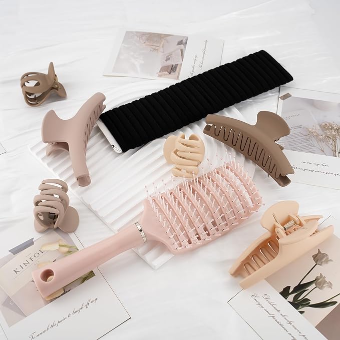 Neutral Tones Hair Accessories Set - 3 Large Hair Claw Clips, 3 Small Claw Clips, Hair Brush, 28 Hair Ties for Women | Non-Slip for Thin & Thick Hair (Nude Pink, Beige, Light Brown)