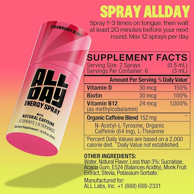 ALLDAY - Caffeine Spray, Promotes Focus and Energy - Pocket-Size Energy Shot/Drink, Caffeine Gum and Pouch Alternative - Formulated with L-Theanine, Vitamin B12, & Vitamin D | Strawberry Blast 8 Pack