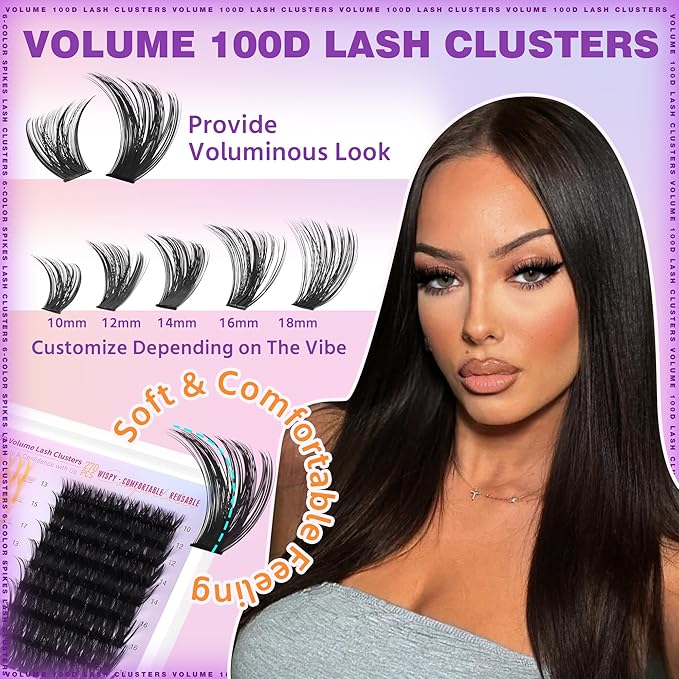 EYDEVRO Colored Lash Clusters with Spikes 100D Volume Eyelash Clusters 10-18mm Mixed Lengths Colorful Cluster Eyelash Extensions Spiky Pink Orange Yellow Green White Purple Cluster Lashes